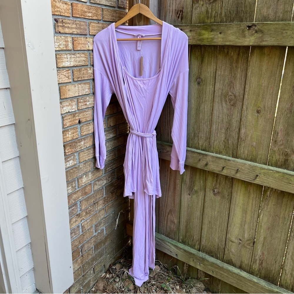 SKIMS Lavender Long Slip Dress and Short Robe